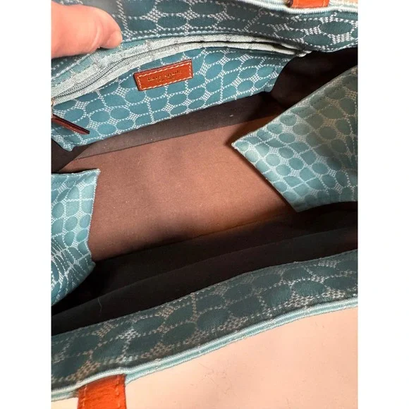 Kate Spade New York Aqua Blue Dot Noel Jacquard Tote Bag with Tan Leather Trim - Picture 5 of 7